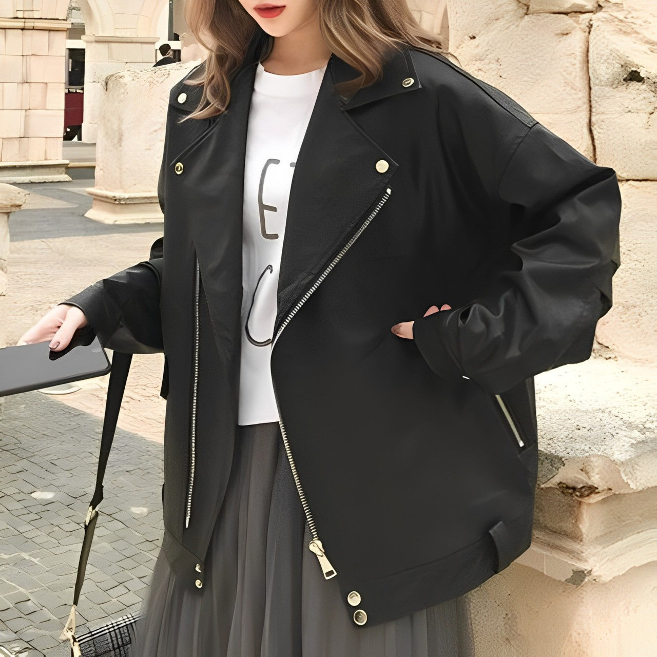 Verlina | Oversize Damenjacke aus PU-Leder mit Reißverschluss