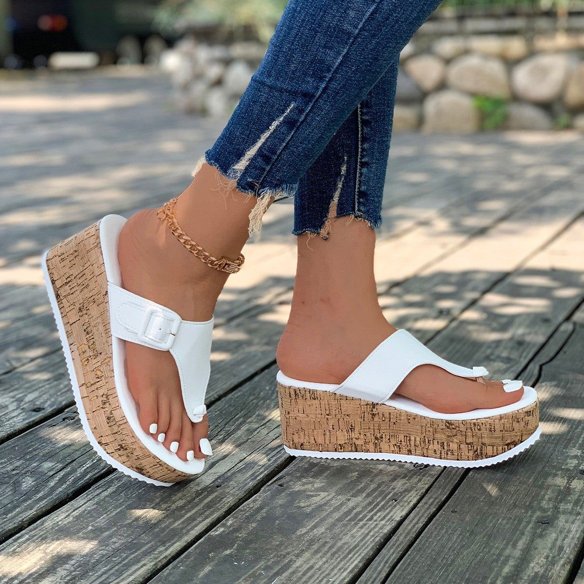 Veradisia | Weiße Korkkeilabsatz Sandalen