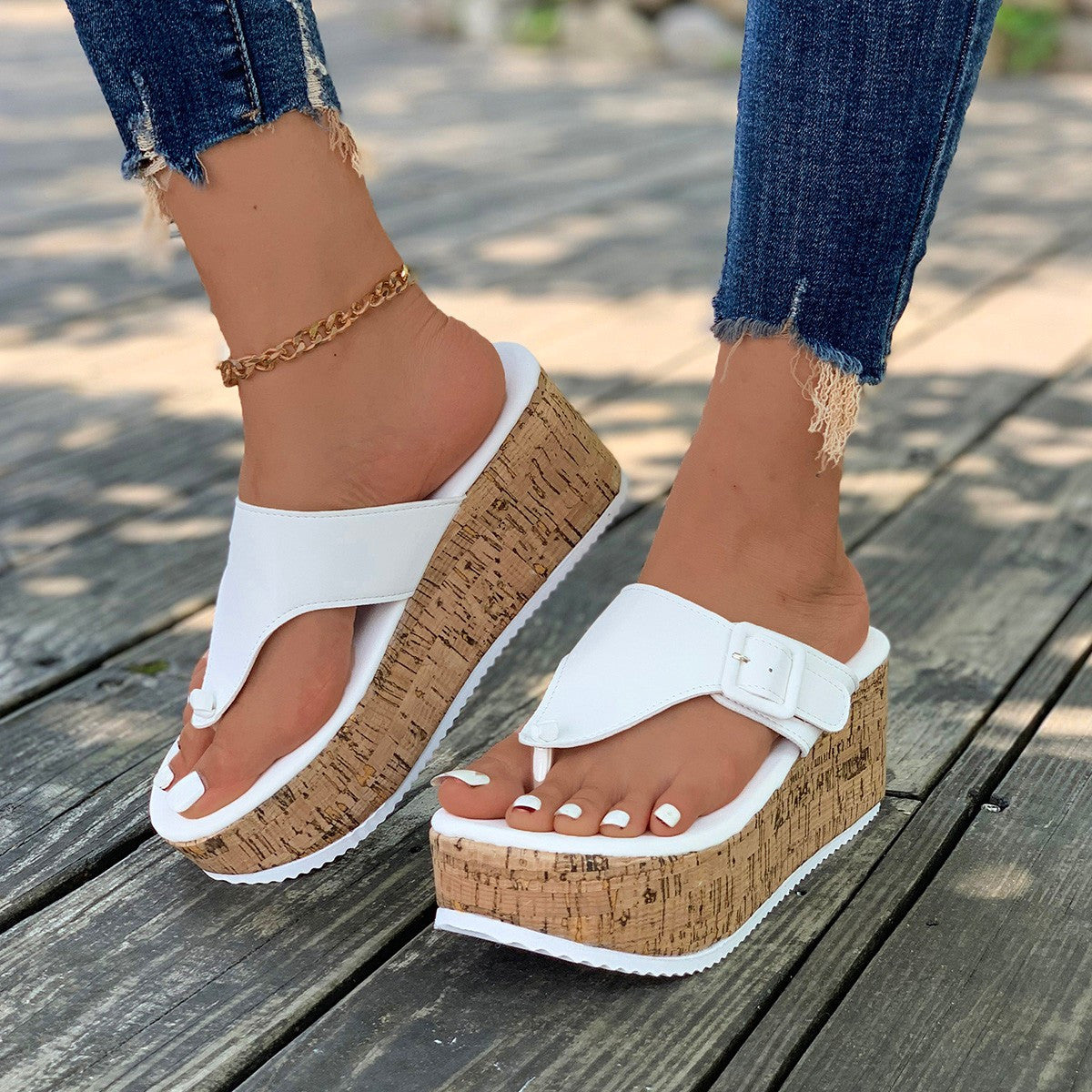 Veradisia | Weiße Korkkeilabsatz Sandalen