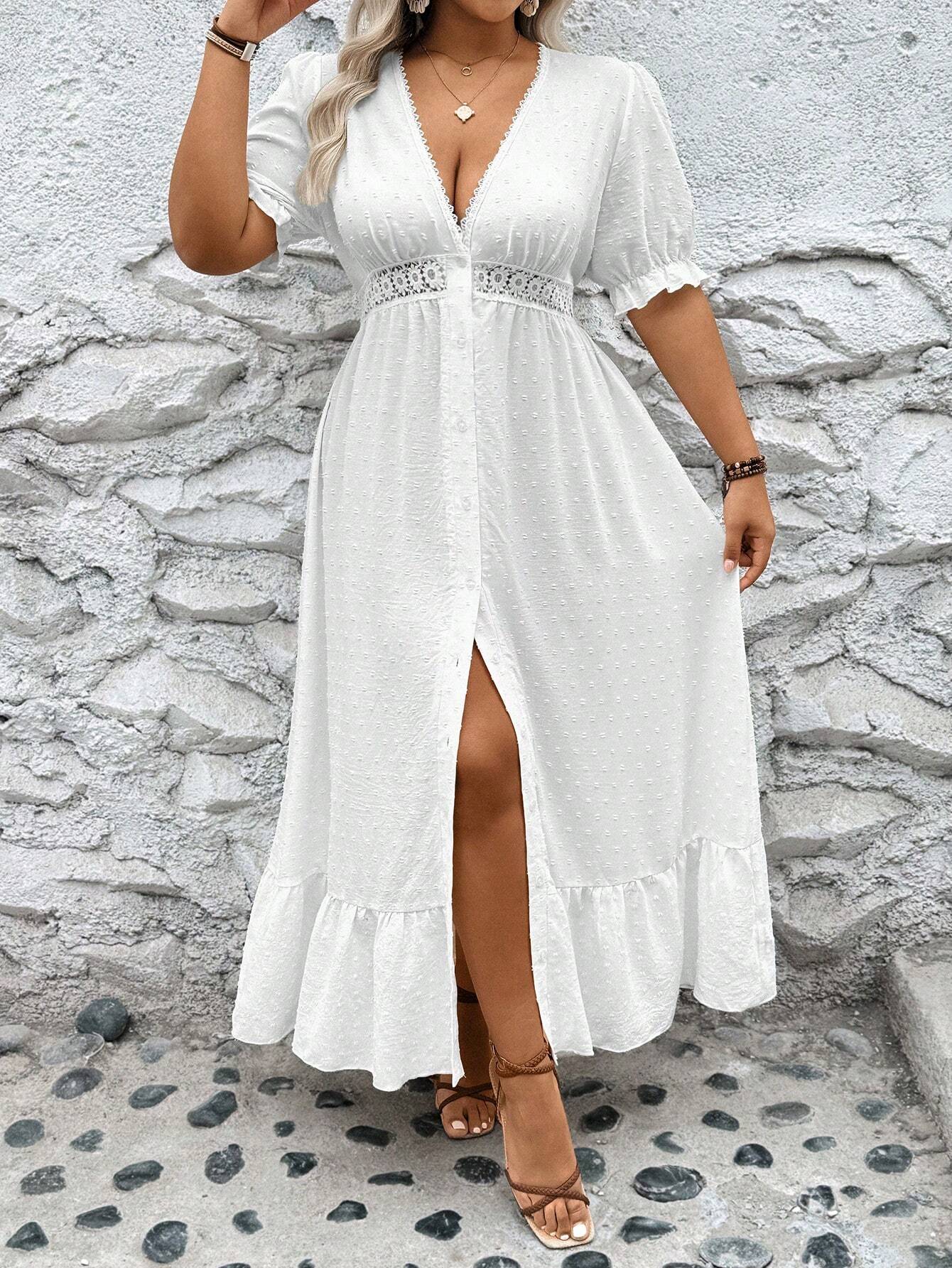 Penelope-Midi Übergröße Kleid mit tiefem V-Ausschnitt und Oberschenkelschlitz