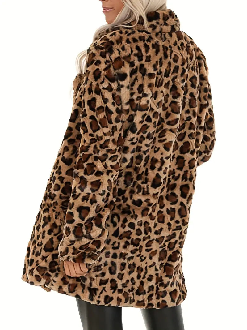 Teddi | Teddyfleece-Mantel mit Leopardenmuster, Reverskragen, Tunika mit Taschen