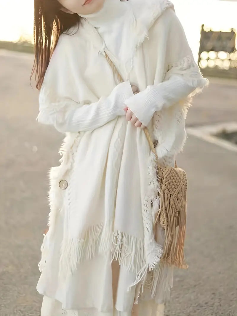 Sweaty | Hooded Cape Sweater mit Knöpfen – Elegant mit Quasten