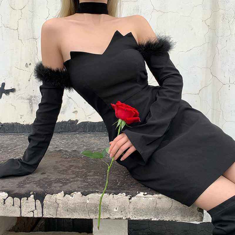 Elowena | Modisches Schwarzes schulterfreies Pelz-Top-Kleid