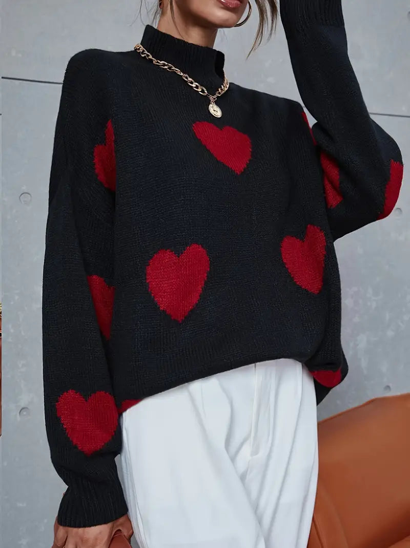 Hers | Herz-Muster Rollkragenpullover Damen – Lässig & Stylisch