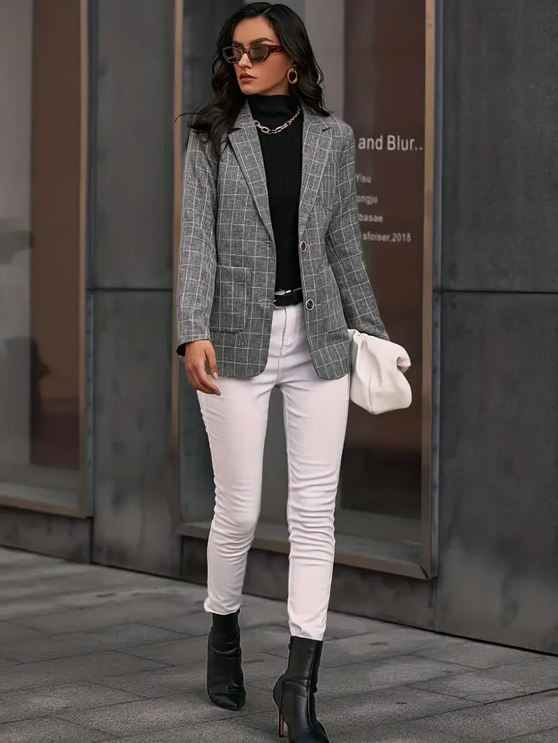 Grie | Eleganter Plaid-Blazer für Damen, Einreihig mit Patentaschen
