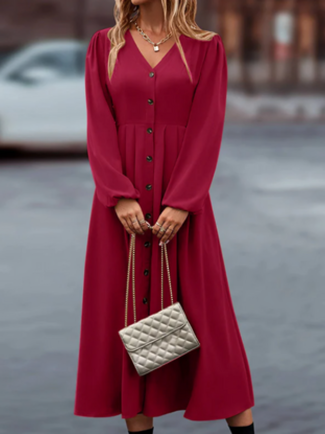 Paula | Elegantes langärmeliges Kleid mit V-Ausschnitt und Knöpfen