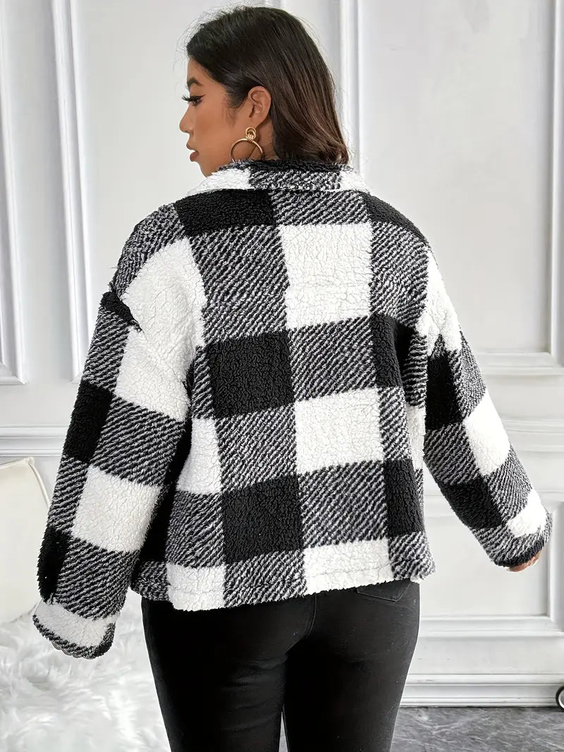 Sise | Plus Size Karierten Teddy Mantel – Casual Polyester Strickstoff mit Knopf
