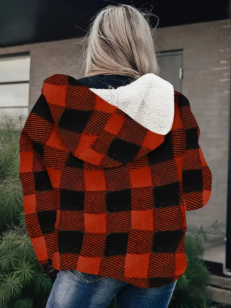 Plaid | Damen Casual Karierte Kapuzenjacke - ganzjährig mit dickem Fleece