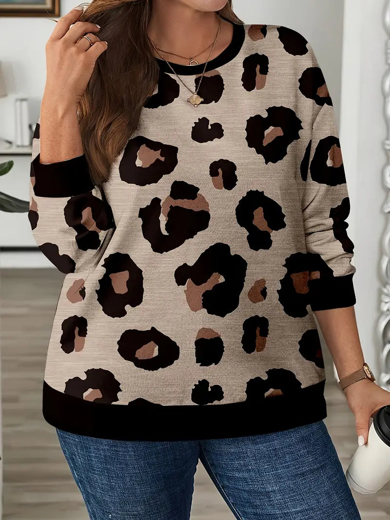 Lioh | Plus Size Leopardenmuster Pullover – Elegantes Crew Neck Stricktop