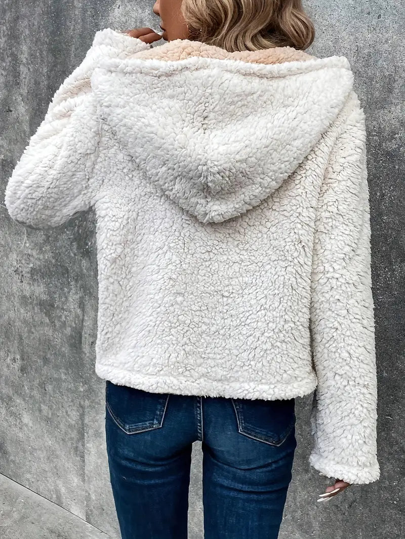 Zwsa | Zweifarbige Sherpa-Jacke mit Kapuze, einfarbiger Mantel mit Polyester-Fleece-Futter