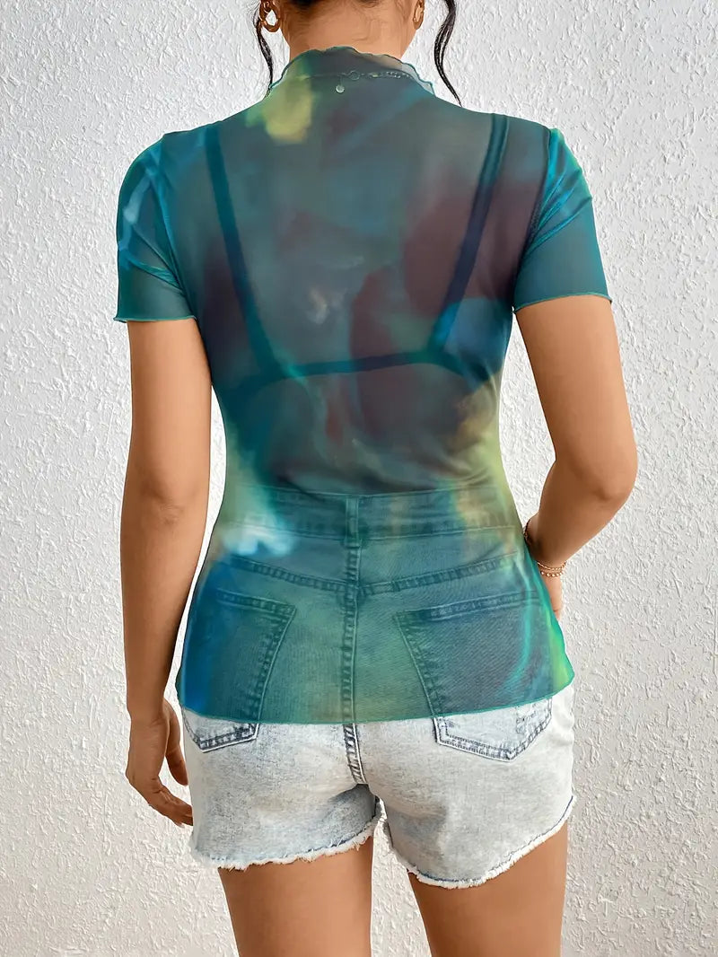 Melina | Schlankes T-Shirt aus Netzgewebe mit Batikmuster