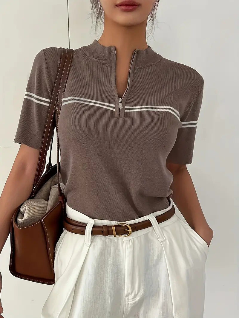 Elizabeth - Gestreiftes T-Shirt mit Reißverschluss, elegantes kurzärmeliges Top