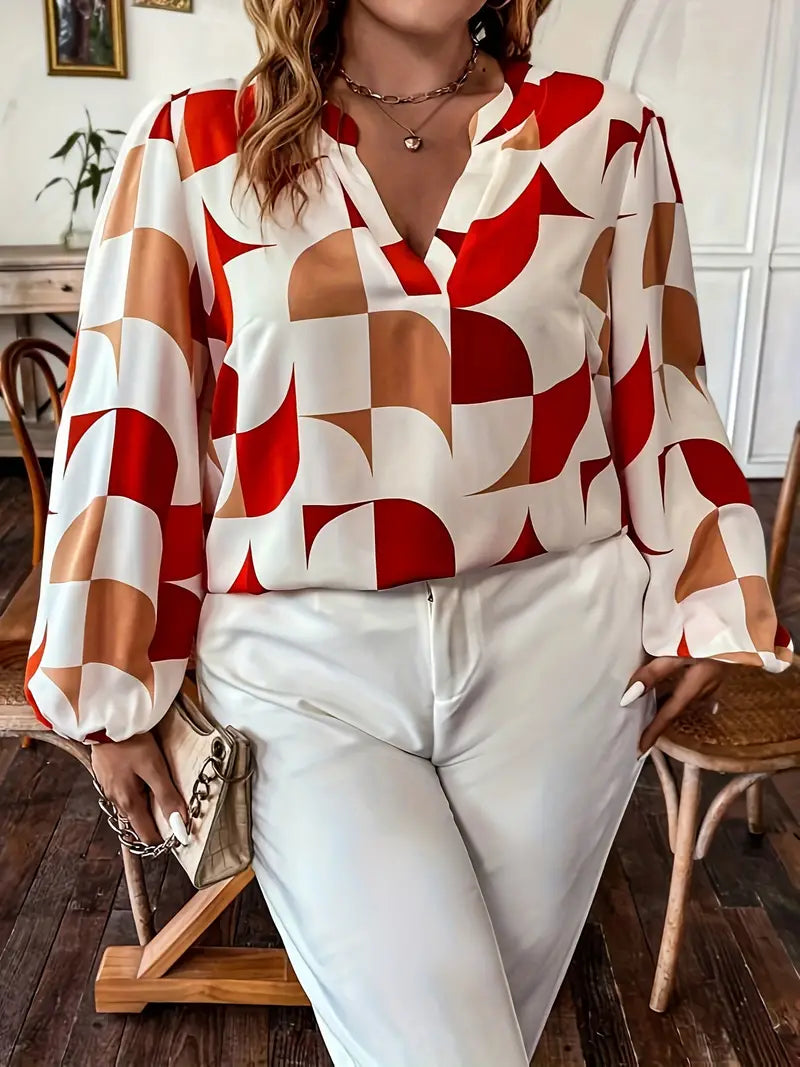 Germina | Geometrische Druck Bluse lässig V-Ausschnitt lange Ärmel