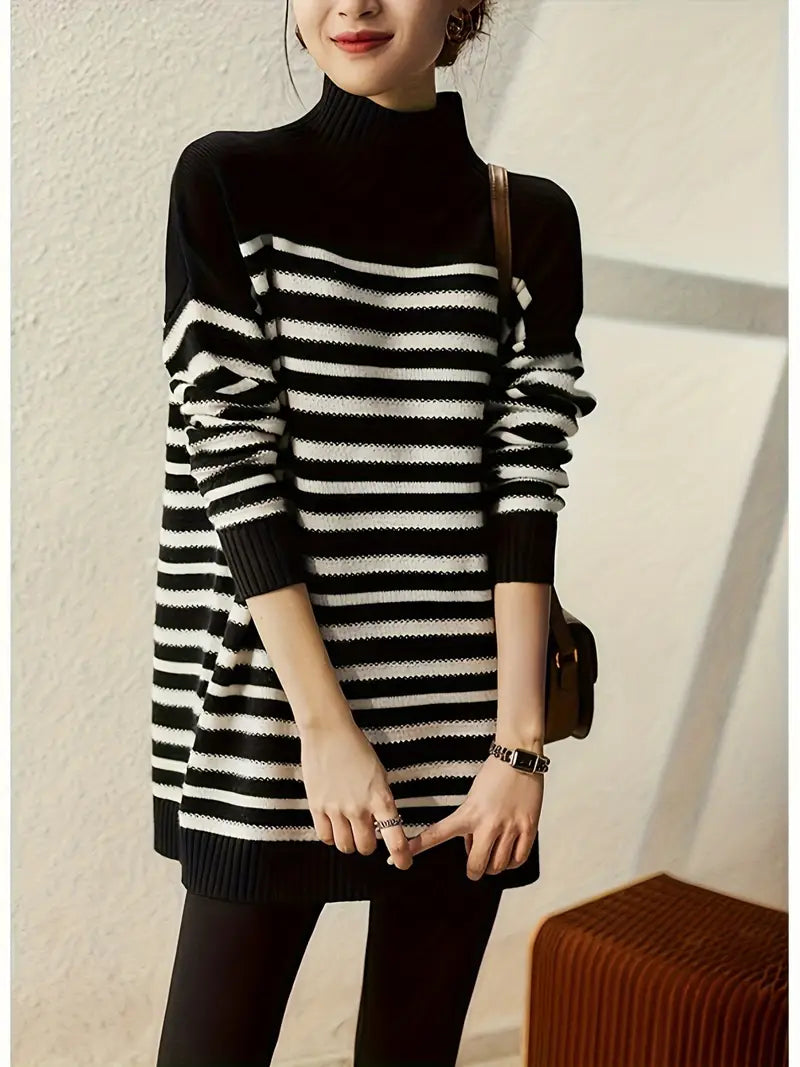 Striped | Eleganter Streifen-Pullover mit Hochkragen für Damen – Freizeit-Trikot