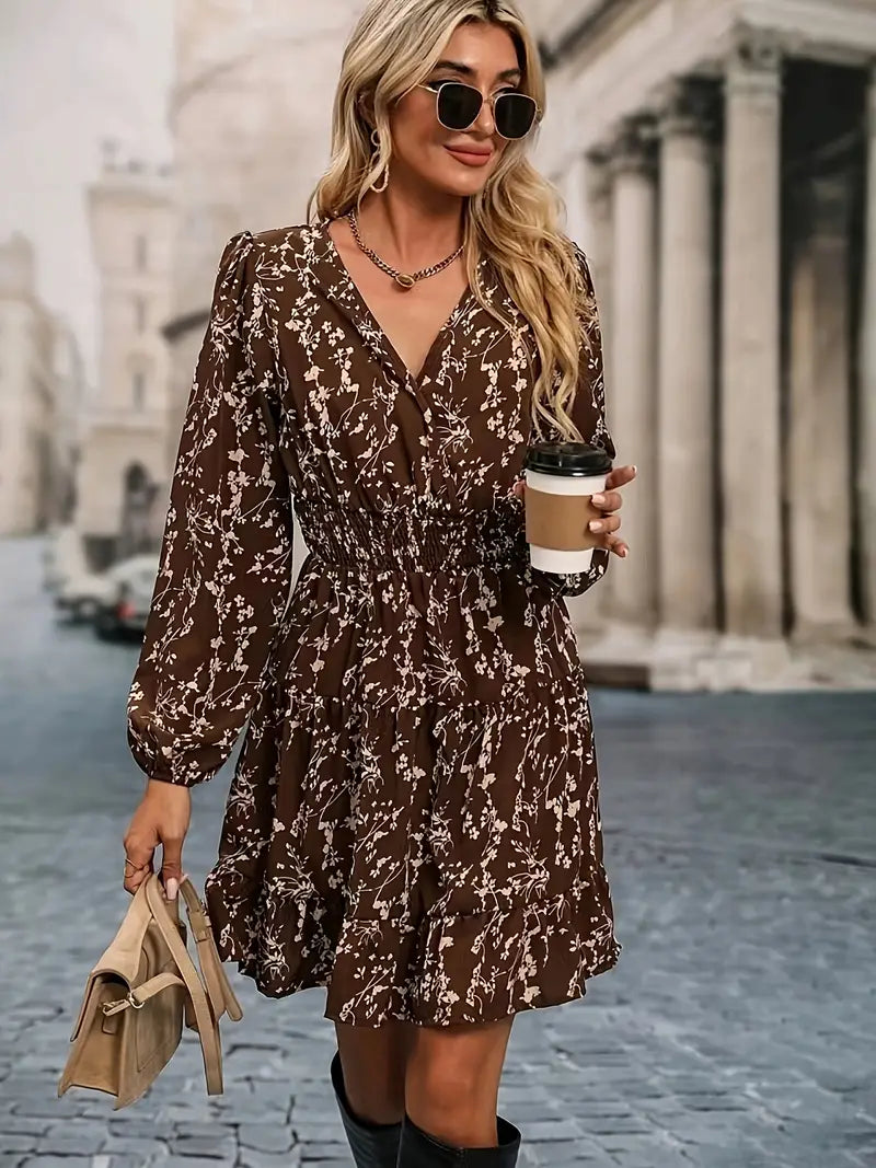 Marian - Boho-Blüte Geraffte Taille Langärmeliges Kleid