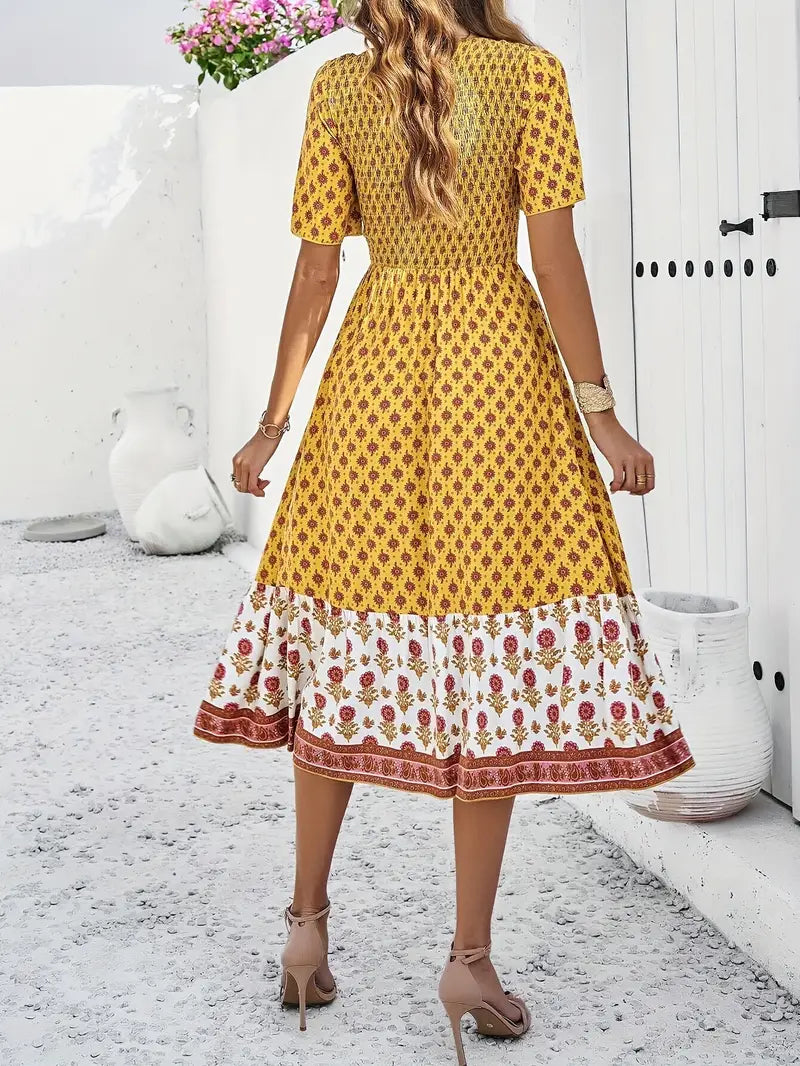 Caroline - Sommer Ethnisches Blumendruck Rundhalskleid