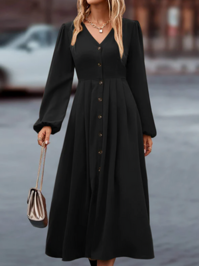 Paula | Elegantes langärmeliges Kleid mit V-Ausschnitt und Knöpfen