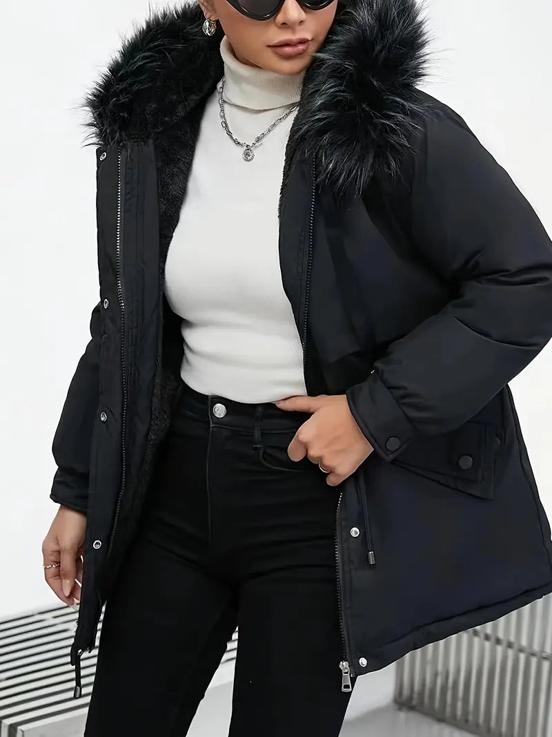 Parki | Damen Winter Parka – Schwarzer Mid-Length, Dick, Polyester, Casual