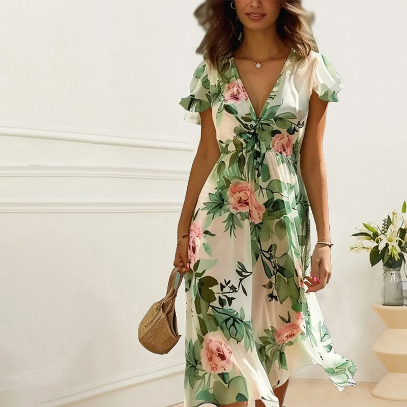 Querinda | Weißes Blumen-Midi-Kleid