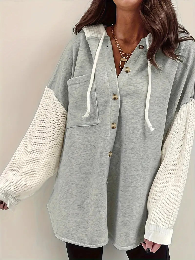Farblock | Damen Lässiger Farbblock Hoodie mit Knopfdetails