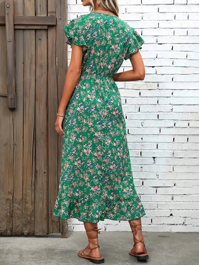 Marie - Elegant V-Neck Kleid mit Blumenmuster und Flatterärmeln