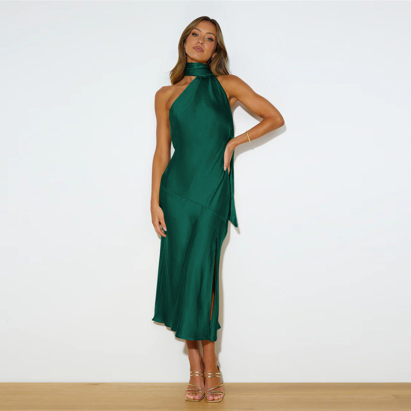 Océane | Frauen Satin Drapierung Split Hollow Dünn Elegantes Kleid