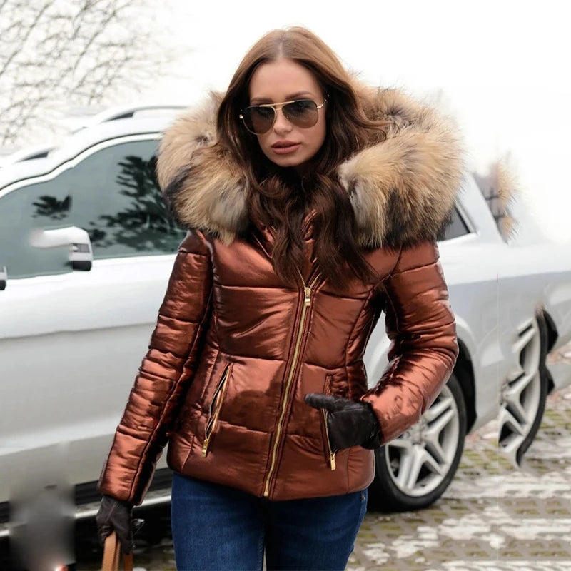 Elisee | Winterjacke mit Kunstfellkapuze und glänzendem Finish