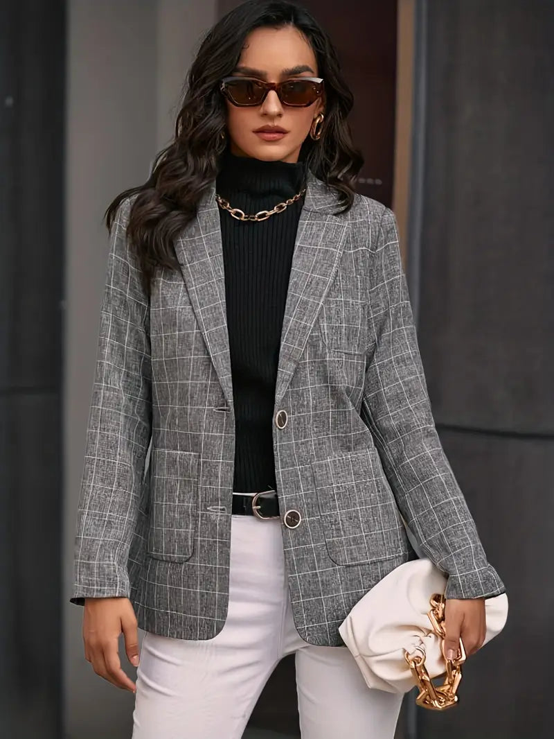 Grie | Eleganter Plaid-Blazer für Damen, Einreihig mit Patentaschen