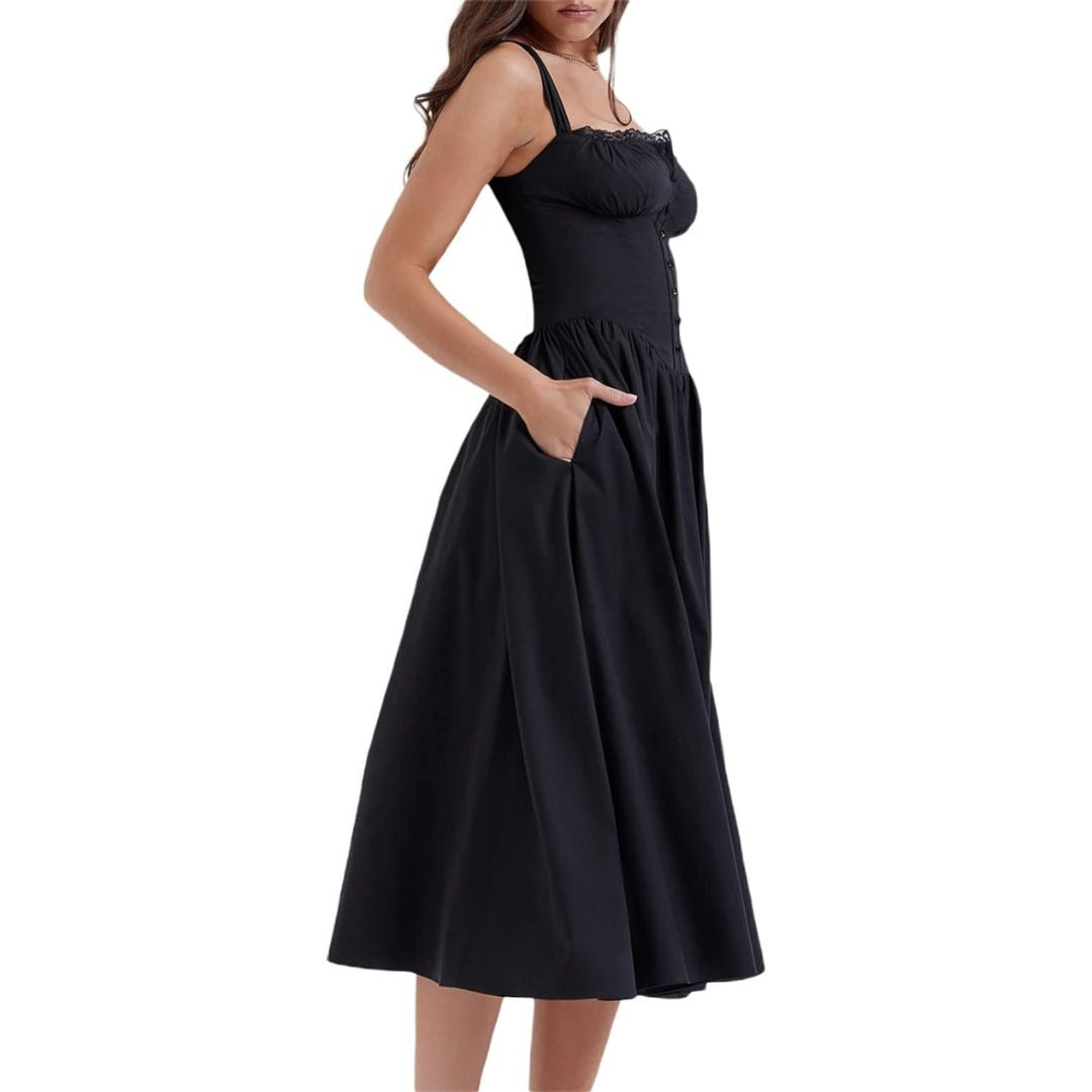 Eya | Schwarzes Midi-Sommerkleid