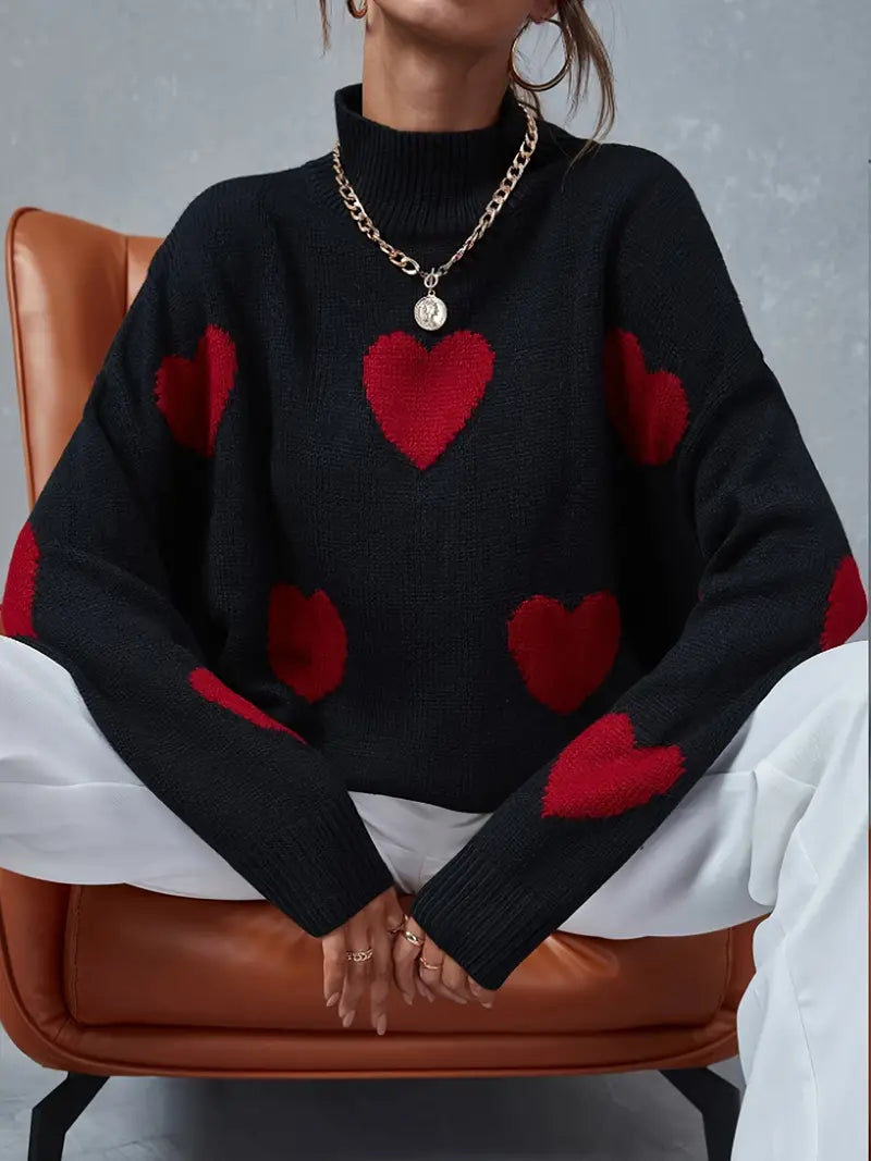 Hers | Herz-Muster Rollkragenpullover Damen – Lässig & Stylisch