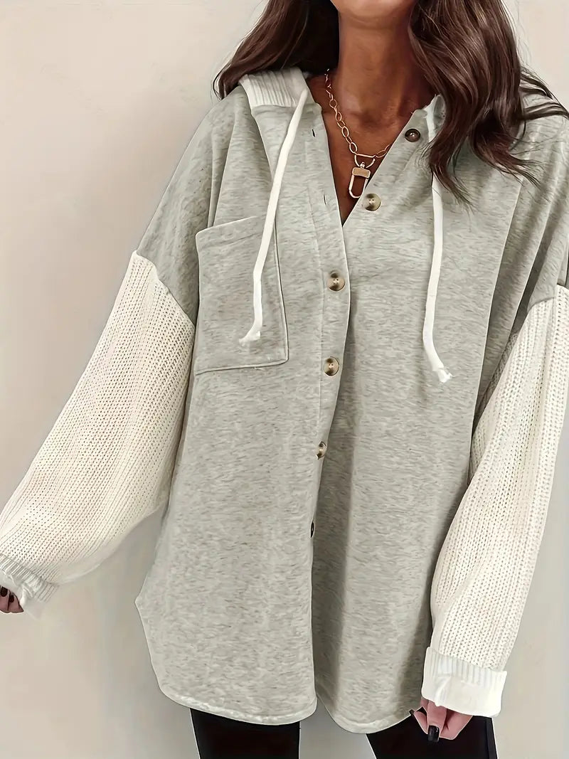 Farblock | Damen Lässiger Farbblock Hoodie mit Knopfdetails