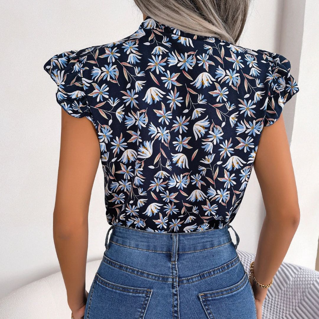 Vacation | Bluse mit Blumenmuster, Rüschenärmeln und Schnürkragen für Damen