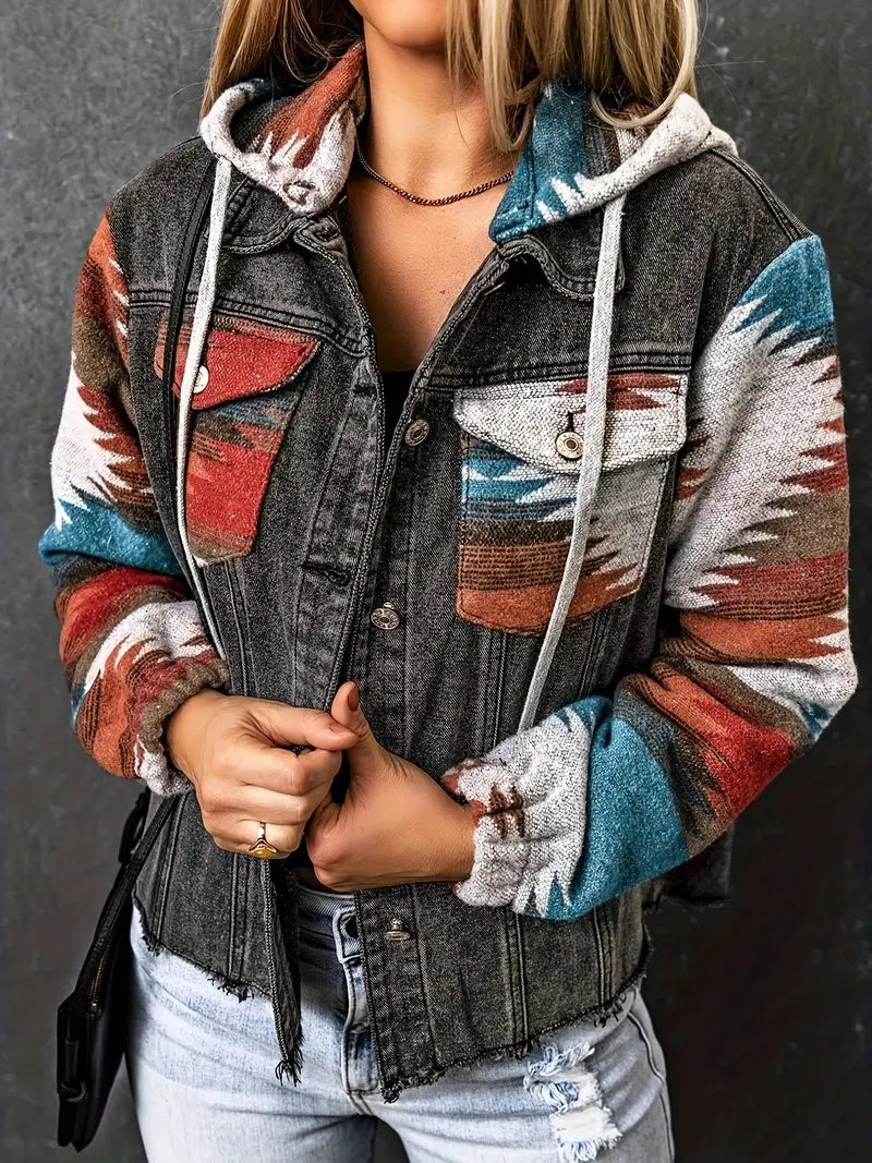 Boho | Aztekische Boho-Jeansjacke mit ausgefranstem Saum, entspannter Passform und Straßentaschen