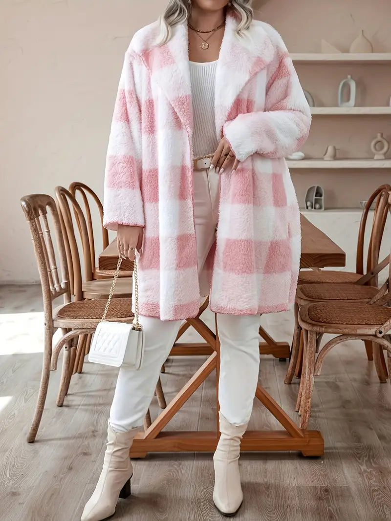 Tellie | Schicke karierte Teddy-Tunika in Übergröße mit offener Vorderseite und kariertem Fleecemantel