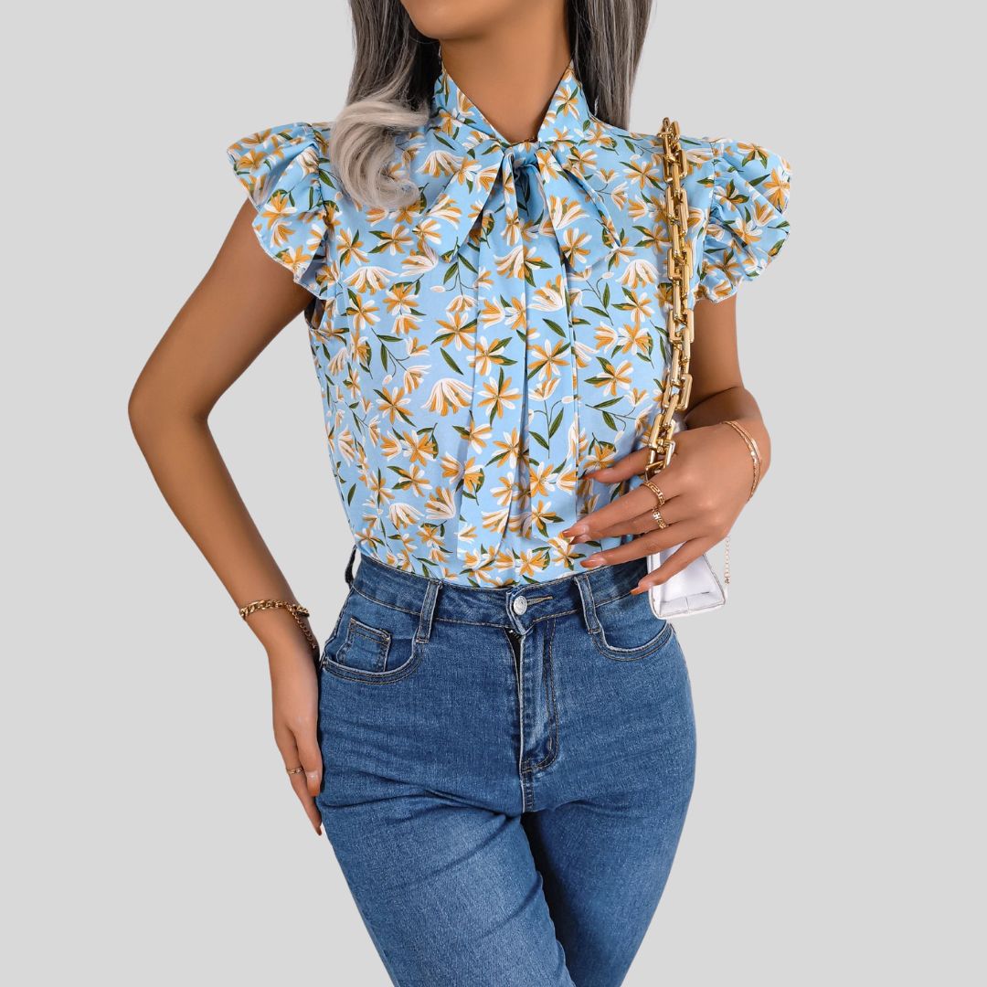 Vacation | Bluse mit Blumenmuster, Rüschenärmeln und Schnürkragen für Damen