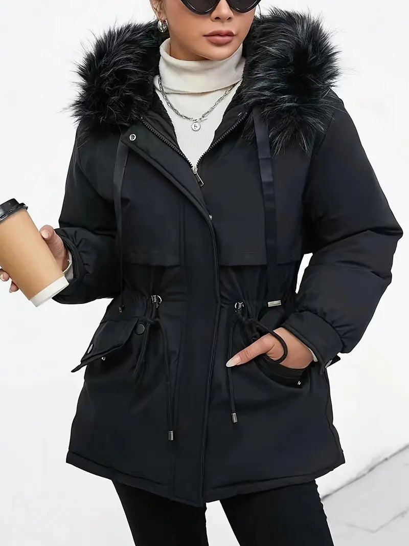 Parki | Damen Winter Parka – Schwarzer Mid-Length, Dick, Polyester, Casual