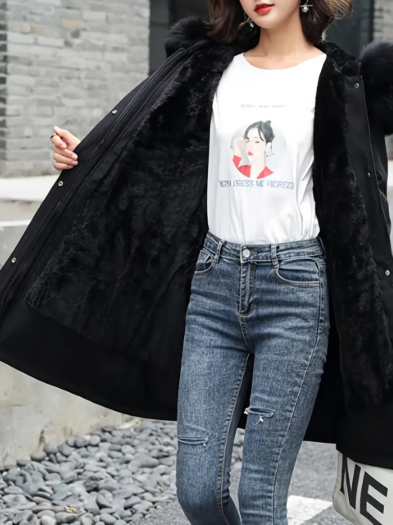 Casua | Damen Casual Style Baumwollmantel mit Kunstfellkapuze und Kordelzug