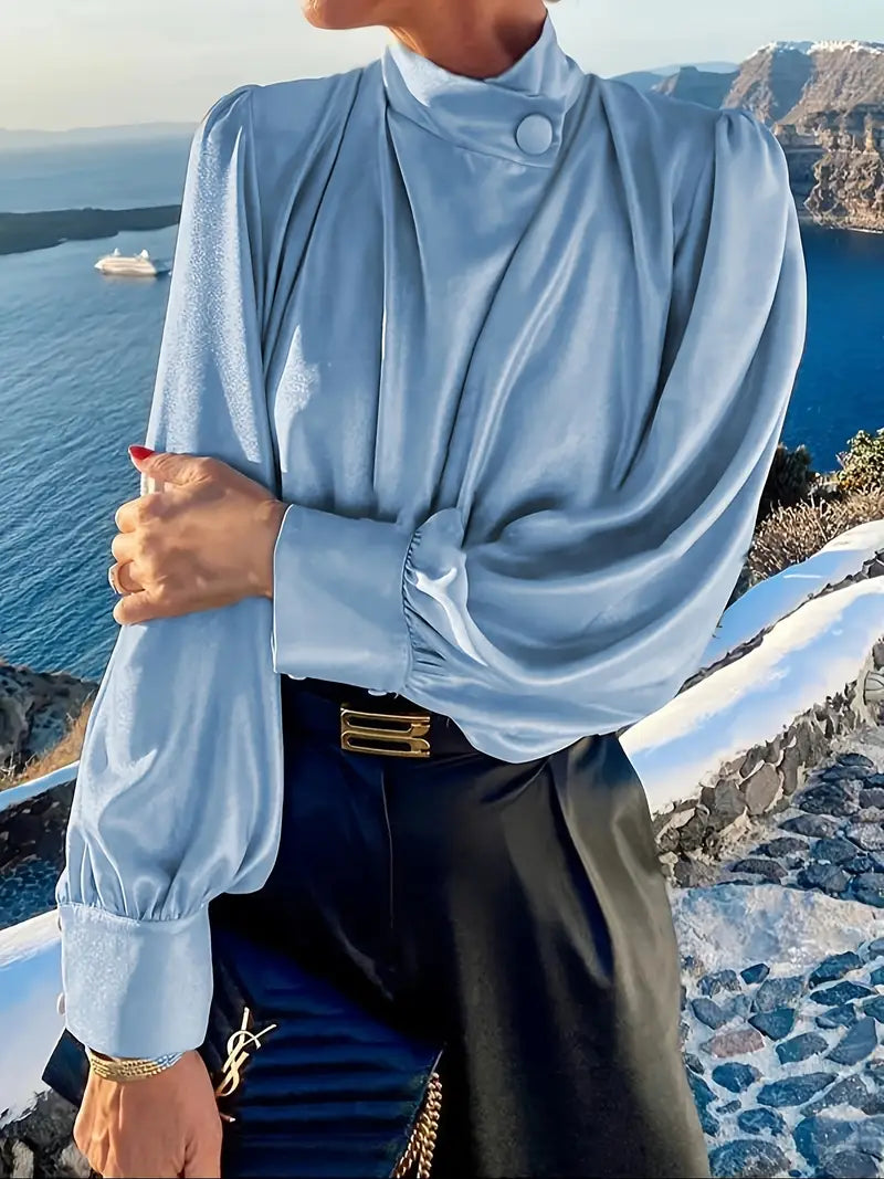 Bluo | Winter-Langarmbluse – Elegantes Satin-Design mit Stehkragen & Ballonärmeln