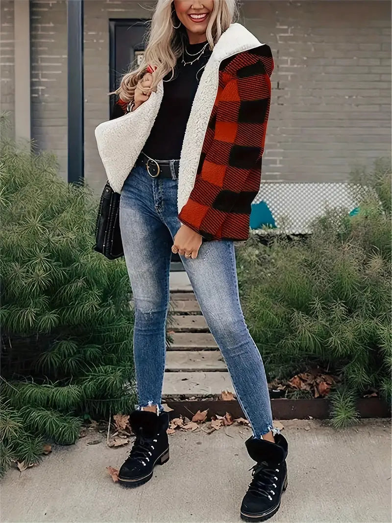 Plaid | Damen Casual Karierte Kapuzenjacke - ganzjährig mit dickem Fleece