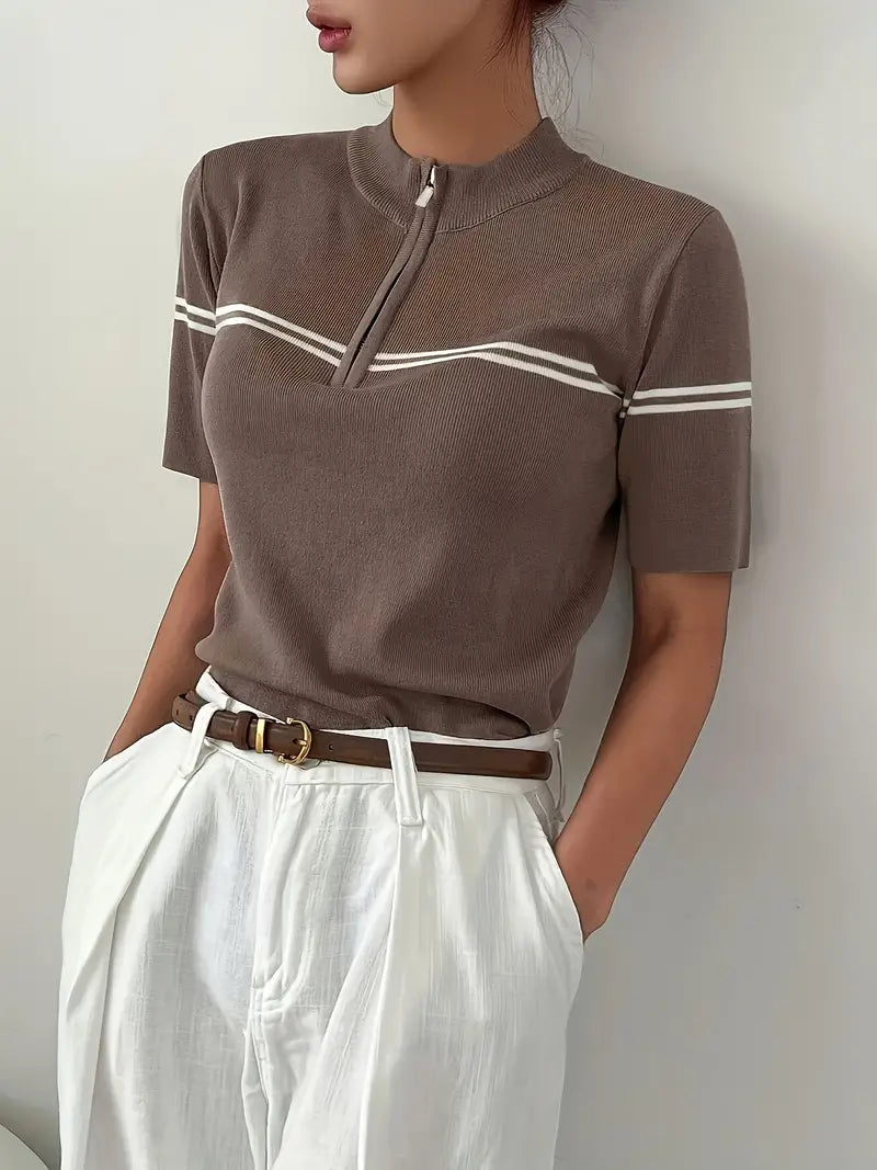 Elizabeth - Gestreiftes T-Shirt mit Reißverschluss, elegantes kurzärmeliges Top