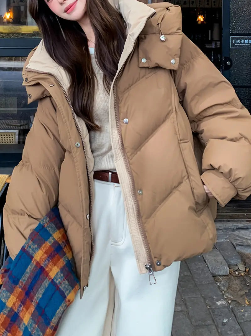 Peri | Schicke Winter-Pufferjacke für Damen, lange Ärmel, feste Farbe, normale Passform