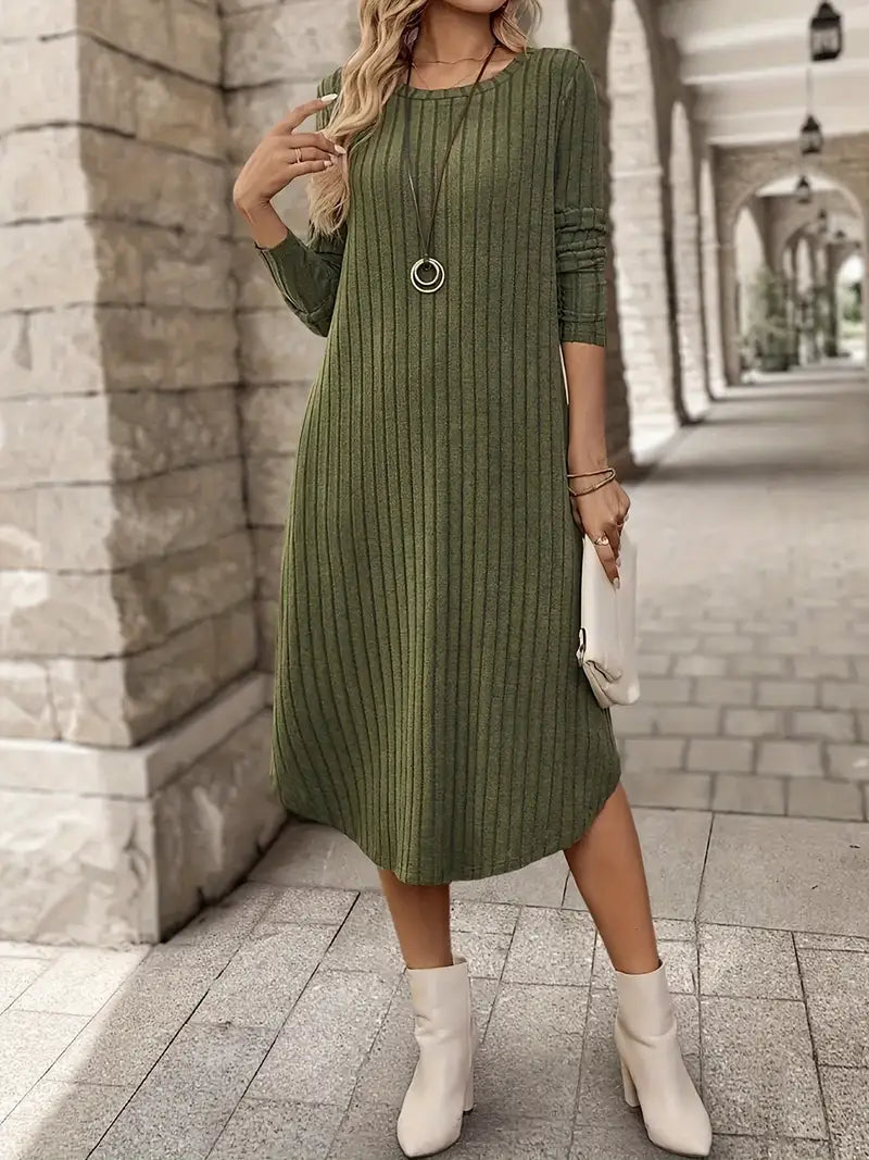 Midi | Schickes langärmliges Midikleid für Damen aus Rippstrick
