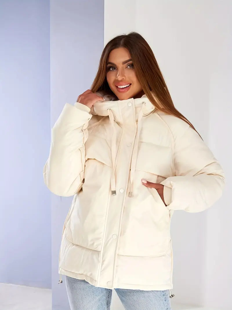 Faux | Snap-Front Hoodie Puffy Coat, lässiger isolierter Langarm-Mantel
