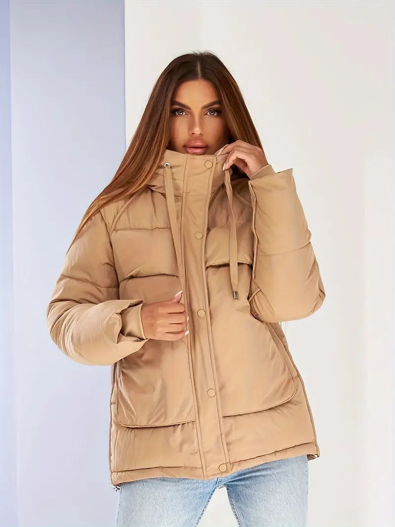 Faux | Snap-Front Hoodie Puffy Coat, lässiger isolierter Langarm-Mantel