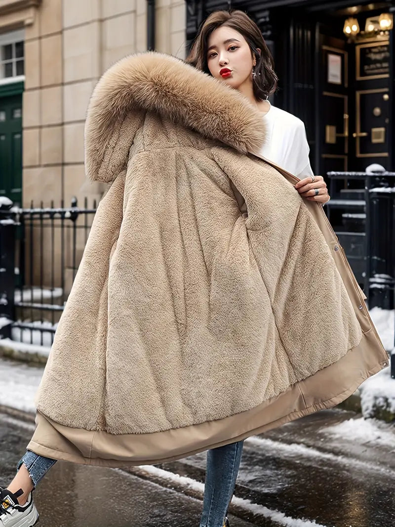 Foame | Damen Winterjacke – Fleece, Dicke Kapuze & Kunstpelz-Kragen