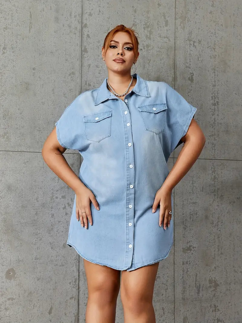 Noor - Einreihiges Kurzarm-Denimkleid mit Revers und Klappentaschen