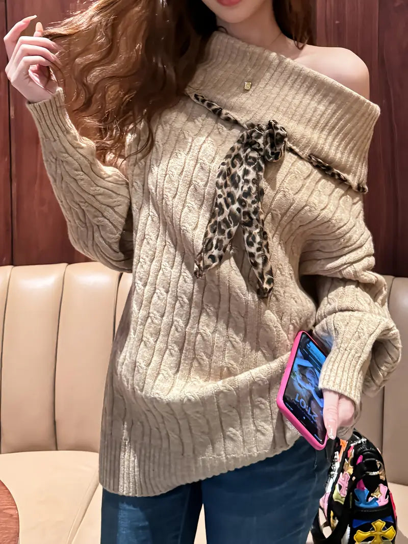 Offie | Damen Off-Shoulder Leopard Pullover – Strick mit Schleifen-Detail
