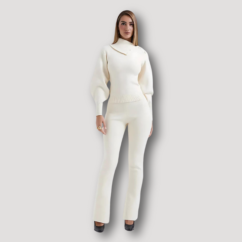 Branwen | Geripptes Gestrickt Oberteil Matching Hose Asymmetrical Collar Twin Set