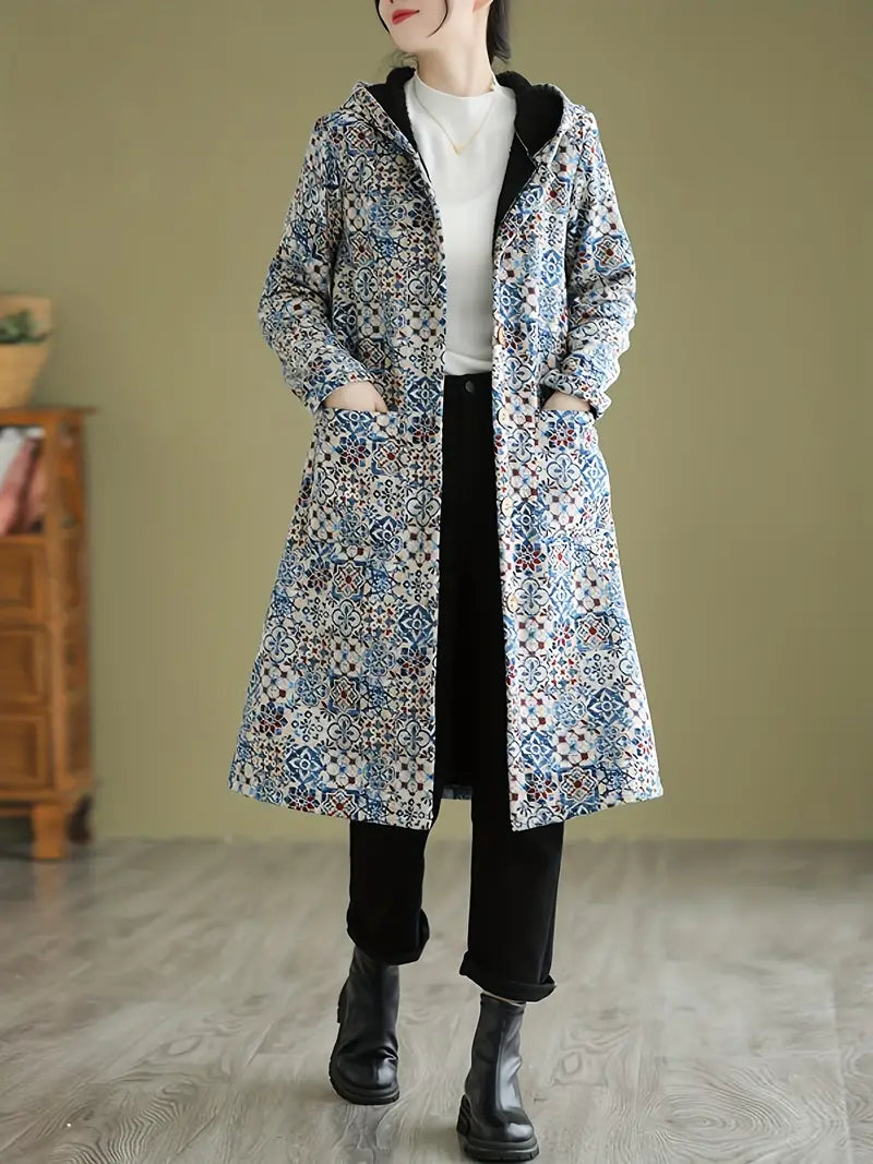 Xize | Damen Plus-Size Winter Trenchcoat mit Kapuze und Knopfleiste, Baumwollmischung