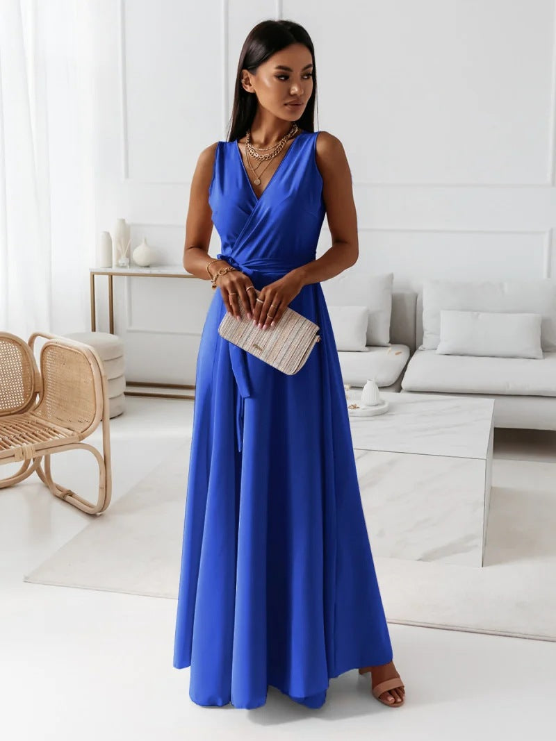 Paye | Damen einfarbig V-Ausschnitt Langes Kleid